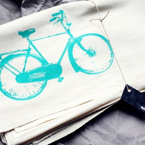 Set of 2 Flour Sack Tea Towels With Retro Teal Bike Print Eco-Friendly Housewares image 1