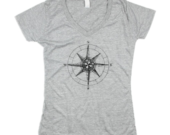 Womens Grey Tshirt -  Compass Tshirt - Travel Shirt - Womens Vneck- Compass V-Neck  - Shortsleeve -  Triblend - Small, Medium, Large, XL