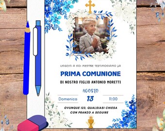 INVITACIÓN DIGITAL PRIMERA COMUNIÓN NIÑO, Invitación digital editable con Canva