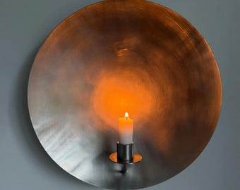 Stainless steel wall-mounted candle holder with reflector | Handmade | 20/30/40 cm | Free candle included | Modern wall decor | Metal candle holder