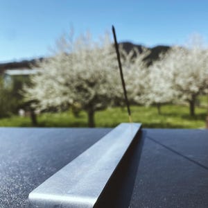 May include: A silver metal incense holder with a black incense stick burning. The holder is on a dark surface with a blurred background of trees with white blossoms.