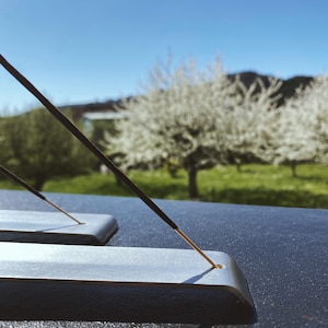 May include: Two silver incense holders with a black incense stick burning on one of them. The holders are on a dark surface with a blurred background of a green field and a white flowering tree.