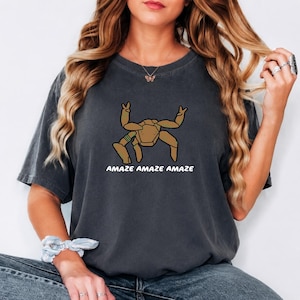 May include: A charcoal gray short-sleeve t-shirt featuring a graphic of a brown crab with raised claws and the text "AMAZE AMAZE AMAZE" printed in white below the illustration. The shirt has a crew neckline and a relaxed, casual fit.