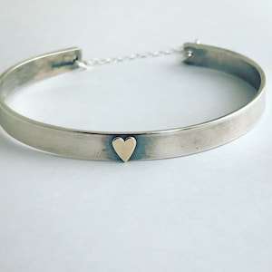 Personalized Sterling Silver Cuff Bracelet: Hammered Bangle with Copper Heart