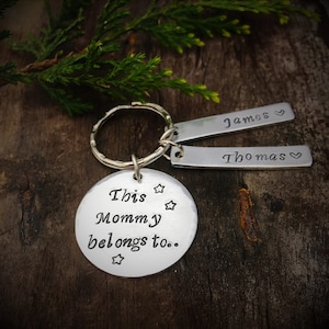 This Mummy belongs to Silver Keyring, Handstamped with Childrens Names, Personalised Keychain Gift for Mum, Love You To The Moon and Back