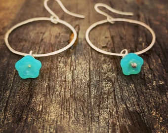 Sterling Silver Hoop Earrings with Turquoise Stone Flower Details, Cute Flower Earrings