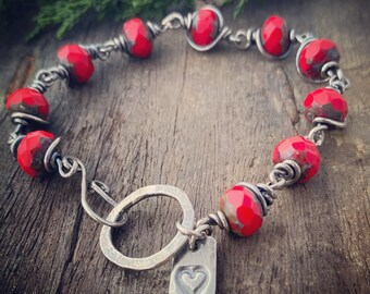 Red Beaded Bracelet With Sterling Silver Wire, Gift for Mum at Mothers Day