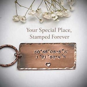 Personalised Copper Coordinates Keyring, Hand Stamped Keepsake for Mum