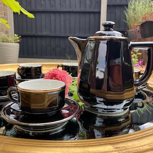Rare! Black and Platinum Apilco Ware | French Vintage Porcelain | Tea Coffee Pot, Espresso Cups with Saucers and Side Plates