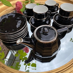 Rare! Black and Platinum Apilco Ware | French Vintage Porcelain | Tea Coffee Pot, Espresso Cups with Saucers and Side Plates