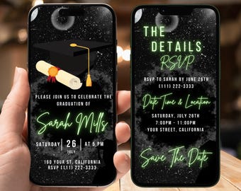 Invitación digital con foto para fiesta de graduación, mensaje animado de graduación universitaria en negro y verde para ella o él, tarjeta electrónica con itinerario editable