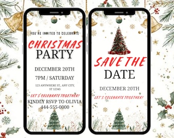 May include: Two smartphone screens displaying Christmas party invitations. The left screen reads "Christmas Party" with date, time, and RSVP information. The right screen says "Save the Date" with the date and a Christmas tree illustration. Festive holiday theme.
