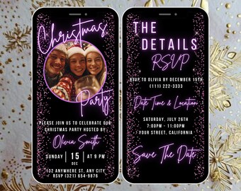 May include: A digital Christmas party invitation on a smartphone screen. The design features a photo of three people, the words "Christmas Party", and event details in a neon pink font against a black background.