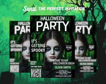 Halloween Magazine Party Invitation, Editable Digital Evite Template, Spooky Birthday or Halloween Bash Invite, DIY Social