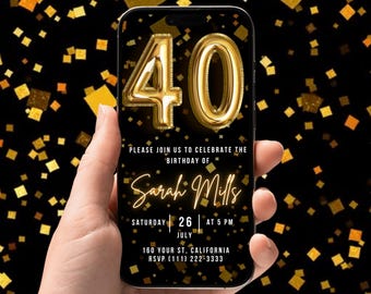 40th Birthday Digital Invite, Black and Gold Party eCard, Editable Animated Template, Mobile Birthday Text Evite for Him/Her