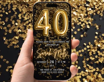 40th Birthday Digital Invite, Black and Gold Party eCard, Editable Animated Template, Mobile Birthday Text Evite for Him/Her
