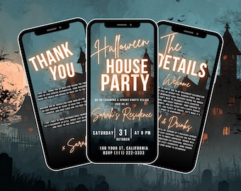 May include: Three smartphones displaying a Halloween party invitation. The central phone shows "Halloween House Party" with a spooky house graphic. The other phones say "Thank You" and "The Details". The background is a dark, eerie scene.