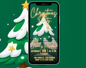May include: A smartphone screen displays a Christmas party invitation against a green background. The invitation features a stylized Christmas tree with the text "Christmas Party." Details include the date, time, and location: Olivia's Residence, Saturday, December 20th at 9 PM.
