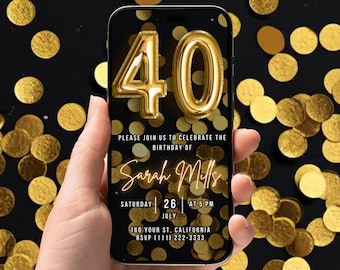 40. Geburtstag digitale Einladung, Schwarz und Gold Party eCard, bearbeitbare animierte Vorlage, Handy Geburtstag Text Evite für Sie / Ihn