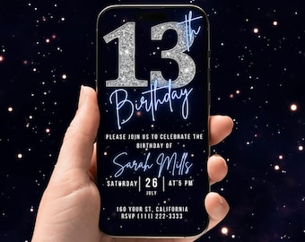 Digital Video 13th Birthday Invitation, Animated Thirteenth Party Invite For Boys, Chrome Neon Blue Video Evite For Him, Self Editable eCard