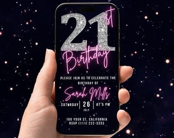 Invito video digitale per il 21° compleanno, invito animato per la festa del ventunesimo compleanno per ragazza, invito video cromato rosa neon, eCard modificabile
