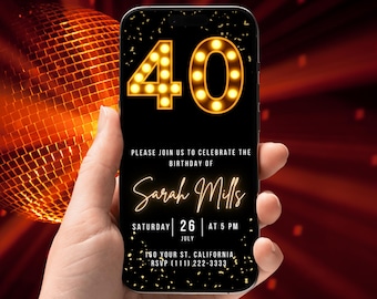 40th Birthday Digital Invite, Black and Gold Party eCard, Editable Animated Template, Mobile Birthday Text Evite for Him/Her