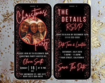 May include: A digital Christmas party invitation on a smartphone screen. The design features a photo of smiling people, the words "Christmas Party," and event details in a neon pink font against a black background.