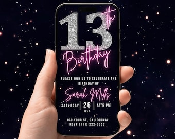 Digital Video 13th Birthday Invitation, Animated Thirteenth Party Invite For Girl, Chrome Neon Pink Video Evite For Her, Self Editable eCard