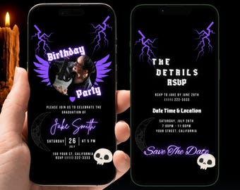 May include: A black and purple digital invitation for a birthday party. The invitation features a photo of a person playing an electric guitar, a skull graphic, and the text "Birthday Party". The invitation also includes the text "Please join us to celebrate the graduation of Jake Smith. Saturday, July 26 at 5 PM. 160 Your St, California. RSVP (111) 222-3333."