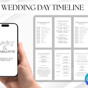 May include: A wedding day timeline displayed on a smartphone and a tablet. The phone screen shows "James & Charlotte" and "Wedding Day Timeline." The tablet displays a schedule with sections for bridesmaids, contacts, groomsmen, and more.