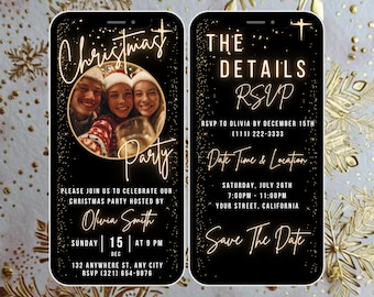 May include: A digital invitation for a Christmas party, displayed on a smartphone screen. The design features a photo of smiling people, gold text, and the words "Christmas Party." Details include RSVP information, date, time, and location.