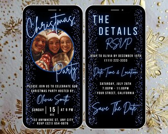 May include: A digital invitation for a Christmas party, displayed on a smartphone. The design features a photo of three people, the words "Christmas Party," and event details in a glowing blue font against a black background. The invitation includes the date, time, and location.