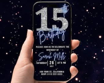15e verjaardagsuitnodiging digitale video, geanimeerde vijftiende feestuitnodiging voor jongens, chroom neonblauw video-uitnodiging voor haar, zelf bewerkbare e-card