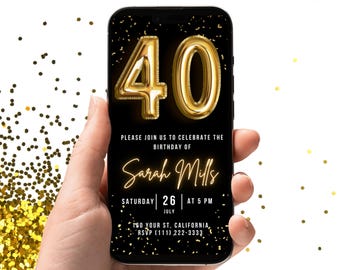 40th Birthday Digital Invite, Black and Gold Party eCard, Editable Animated Template, Mobile Birthday Text Evite for Him/Her