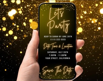 Black & Gold Neon Digital Birthday Invite – Editable Text Message Party eCard, Phone Download Evite Template