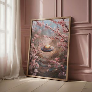 Arte mural con platillos voladores: nave espacial de ciencia ficción entre flores de cerezo: fantasía surrealista para imprimir: descarga digital de naturaleza futurista