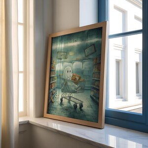 May include: A framed illustration of a ghost pushing a shopping cart full of cereal boxes in a grocery store aisle. The ghost is white and has a friendly face. The grocery store is dimly lit and has shelves stocked with various products.