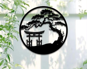 Japanese Metal Art: Bonsai Tree & Tori Gate Wall Decor