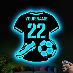 Personalized Soccer Metal Wall Art LED Light Custom Football Player Name Sign Home Decor Kid Nursery Decoration Christmas Birthday Xmas Gift