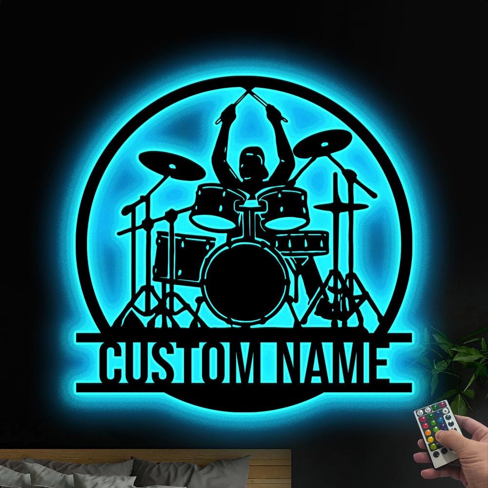 Personalized Drummer Metal Sign,Drummer Male Wall Art LED Lights, Custom Drum Player Name Sign,Drum Music Room Decor,Kids Nursery Decoration