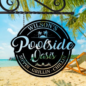 Custom Poolside Oasis Sign, Personalized Outdoor Bar Decor, Backyard Oasis Sign, Backyard Retreat Gift,Pool Area Decor,Family Bar and Grill 