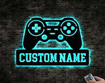 Game Controller Metall Wand Kunst LED Licht, Gamer Namensschild, Spielzimmer Dekor, Gaming Home Decor, Videospiel Kunst, Weihnachten Geburtstagsgeschenk für Gamer