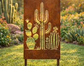 Desert Cactus Garden Panel Metal Art, Southwest Garden Decor, Outdoor Garden Wall Panel