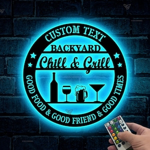 Custom LED Bar & Grill Metal Sign: Personalized Backyard Decor