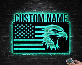 Letrero LED personalizado con la bandera estadounidense de American Eagle, arte personalizado con la bandera de EE. UU., decoración de pared patriótica, letrero de águila calva, decoración de EE. UU., decoración de cueva de hombre, regalo para papá