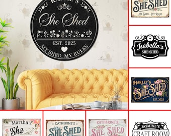 Personalized She Shed Metal Sign: Farmhouse Floral Decor