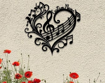 Custom Music Notes Heart Metal Sign, Personalized Name Wall Art, Musical Wall Hanging, Music Lover Gift, Gift for Musician , Music Wall Art