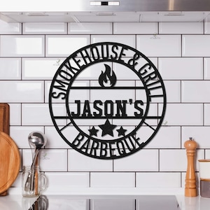 Personalized BBQ Pit Metal Wall Art, Custom Grill Master Metal Sign with Flame, Barbecue Sign for Outdoor, Large BBQ Sign, Custom Grill Sign