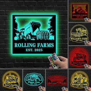 Custom Farm LED Metal Sign: Tractor & Baler Wall Art