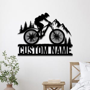 Letrero metálico de bicicleta de montaña personalizado / Arte mural de ciclismo personalizado / Decoración de aventura al aire libre / Regalo para ciclistas / Silueta de bicicleta de montaña / Decoración de bicicletas